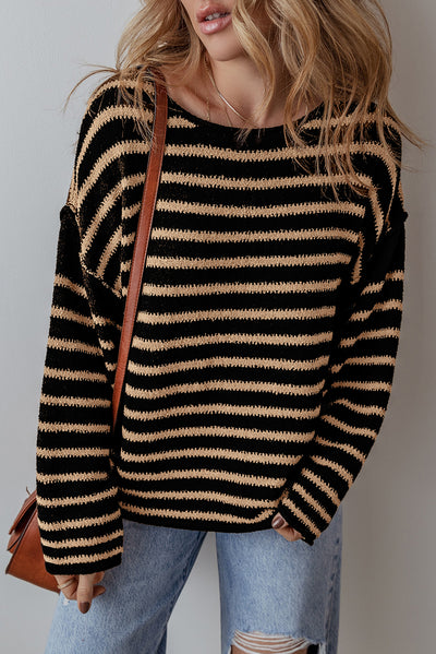 Cozy Stripe Drop Shoulder Sweater for Casual Everyday Comfort.