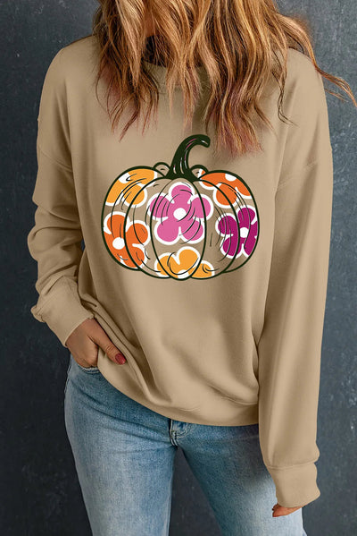 Stylish Womens Sweatshirt with Pumpkin and Flower Design.