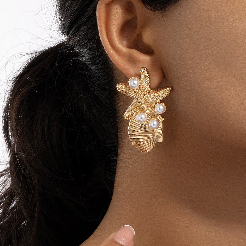 Elegant Beach Style Starfish Shell Earrings with Pearl Accents - Chic!