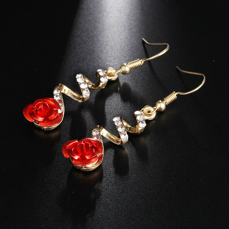 Elegant Ethnic Red Rose Earrings: Stunning Rhinestone Accent for Women