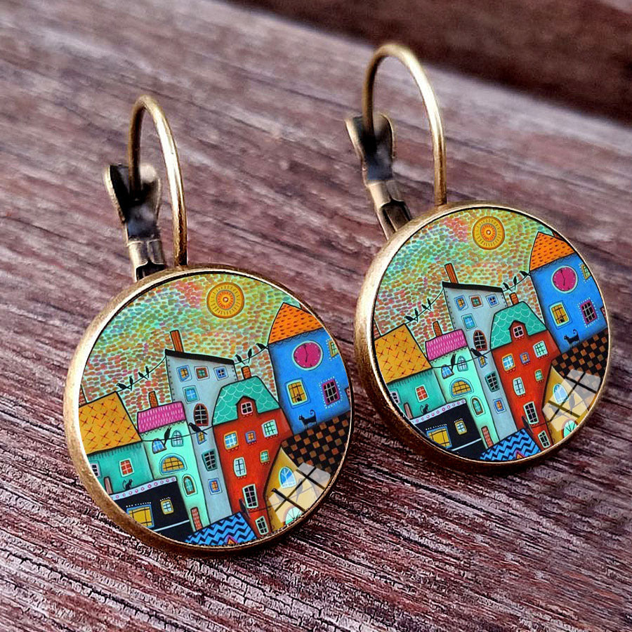 Stylish Abstract Colorful House Stud Earrings: Perfect for Any Occasion.